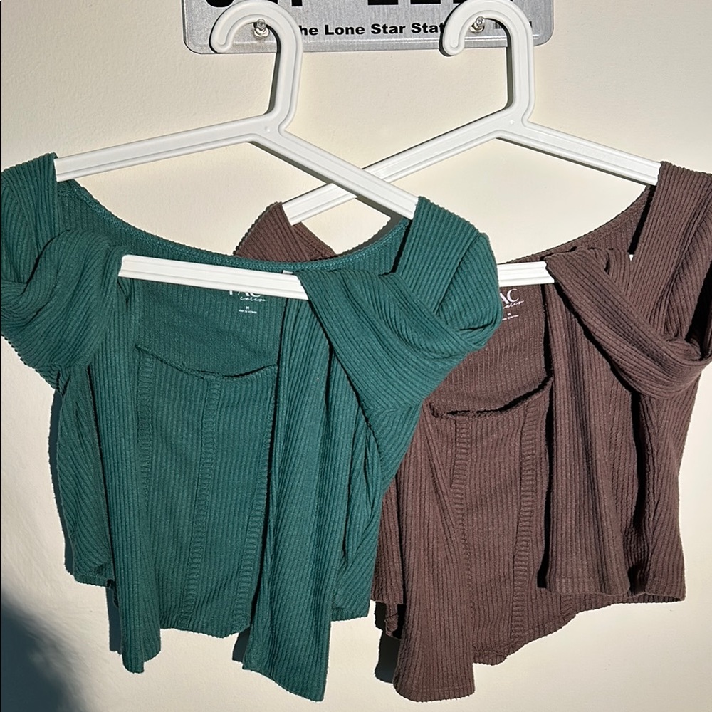 PacSun Green Off the Shoulder Crop Blouse with Cap Sleeves